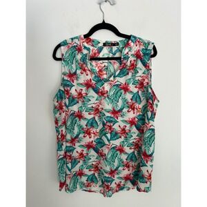 Cure‎ Tropical Floral Sleeveless Blouse Red Green White XL Feminine Summer Top